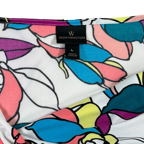 Worthington Top Women Large White Blue Yellow Floral Cowl Neck Draped Stretch - Picture 7 of 10